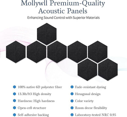 Mollywell Hexagon Acoustic Panels, High Density, Soundproofing, Decorative Noise Reduction Felt Wall Tiles for Ceilings, Home Office & Gaming Room (Black), 12x10x0.4 Inch