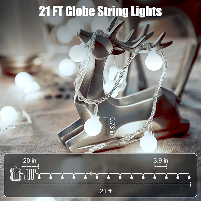 2 Pack Globe String Lights Battery Operated - 21 Feet 60 Led Fairy Lights, 8 Modes with Remote Mini Globe Lights for Indoor Outdoor Bedroom Party Wedding Garden Christmas Tree Decor, Pure White