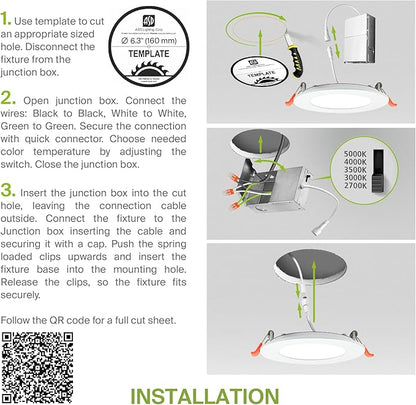 ASD 6 Pack LED Recessed Lighting 6 Inch 15W, 5 CCT 2700K-5000K CRI90+, IC Rated Ultra Thin Dimmable Ceiling Lights with J Box, Canless Wafer Downlight, Round Slim Panel Light, Energy Star ETL, White