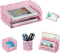 EasyPAG Desk Organizers and Accessories 5 Pieces Office Supplies Set - 2 Tier Paper Tray, Pencil Organizer for Desk, Mail Sorter Countertop, Business Card Holder and Sticky Note Holder, Pink