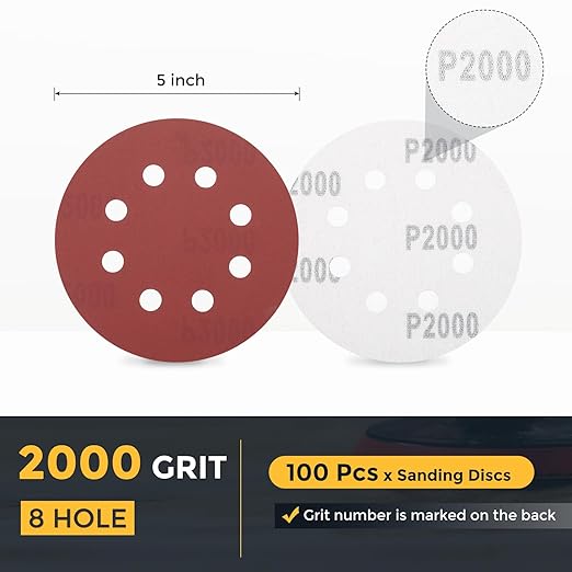 HARFINGTON 100 Pcs 5 Inch Sanding Discs, 2000 Grit Hook and Loop Sandpaper, 8-Hole Aluminum Oxide Orbital Sander Sandpaper for Woodworking Automotive Metal Polishing, Red