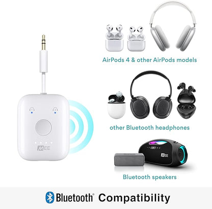 MEE Audio Connect Air in-Flight Bluetooth Wireless Audio Transmitter, with Extra Dual 3.5mm Jack AUX Adapter, for up to 2 AirPods/Other Headphones; Works with All 3.5mm Aux Jacks, White