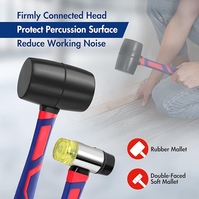 WORKPRO 5-Piece forge/Polish Steel Head, Fiberglass Handle Set - 32oz Rubber Mallet | 16oz Claw & Ball-Peen Hammers | 3lb Sledge | 22oz Double-Faced Mallet
