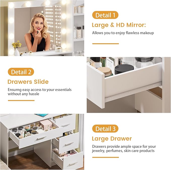 Vanity Desk with Lighted Mirror, White Vanity with 4 Drawers,Makeup Vanity with Storage Shelves and Power Outlet,10 Lights with 3 Color Modes Brightness Adjustable for Girls’ Bedroom (White)