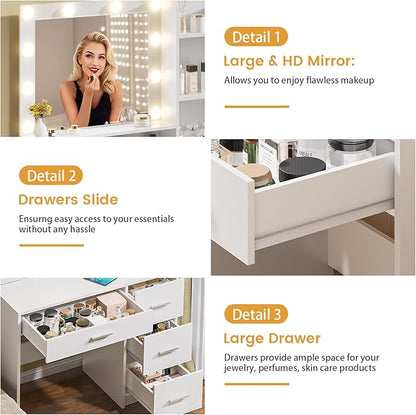 Vanity Desk with Lighted Mirror, White Vanity with 4 Drawers,Makeup Vanity with Storage Shelves and Power Outlet,10 Lights with 3 Color Modes Brightness Adjustable for Girls’ Bedroom (White)
