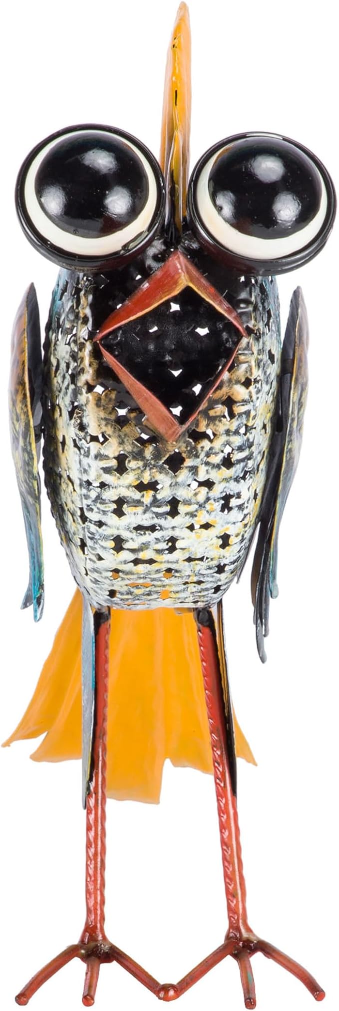 Alpine Corporation 11" Tall Outdoor Metal Wide-Eyed Bird Standing Yard Statue Decoration, Multicolor
