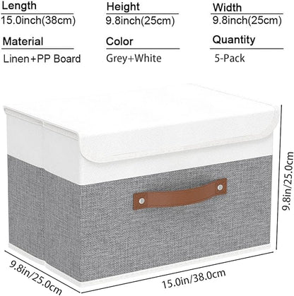 Yawinhe Storage Boxes with Lids, Linen Fabric Bin, Cube Organizer Basket, Washable and Leather Handle, for Home, Closet, White/Grey, 15.0''Lx9.8''Wx9.8''H, 5-Pack, USNK024WGL-5