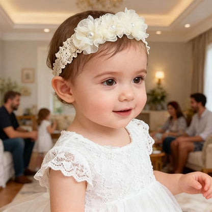 Handmade Baby Girl Headbands in Beige and Pink Lace Flowers for Newborns and Toddlers Cute Baby Girl Flowers and Newborn Headbands (Beige Lace Pearl Floral, One Size)