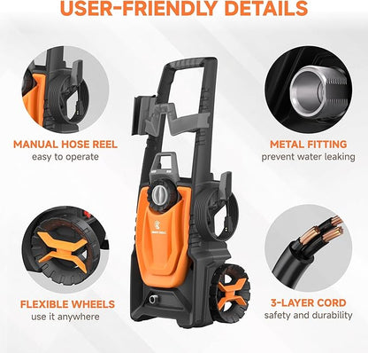 Giraffe Tools Pressure Washer, Max 2400 PSI, 2.3 GPM Electric Power Washer with 4 Quick-Connect Nozzles, Foam Cannon for Cars/Patios/Driveways/Fences