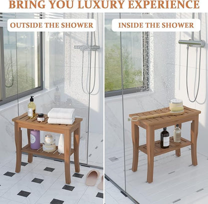 Domax Bamboo Shower Benches for Inside Shower - Bathroom Bench Seat Waterproof Wooden Shower Stool with Storage Shelf for Adults Elderly Seniors Wood Shower Chair for Bathtub or Small Spaces (Walnut)