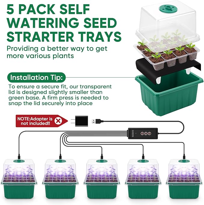 BlumWay Self-Watering Seed Starter Tray Kit with Grow Light and Humidity Dome,3 Color Growing Light,5-Pack 60-Cell Plant Seedling Tray,Reusable Plastic Germination Trays,Timed Light Plant Starter Set