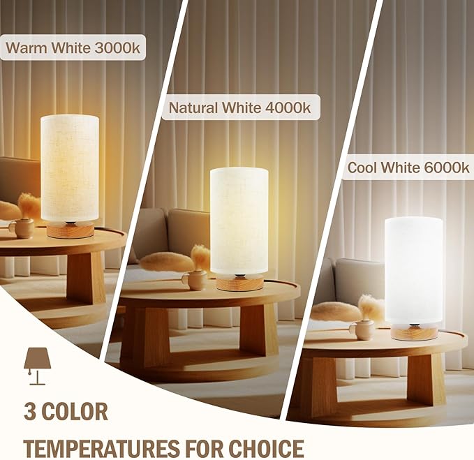 Minimalist Bedside Table Lamps for Bedrooms Set of 2, 3 Color Temperature Bedside Lamps with Round Fabric Linen Shade,Small Desk Lamp Night Nightstand Lamp Set for Living Room, Reading ,Office