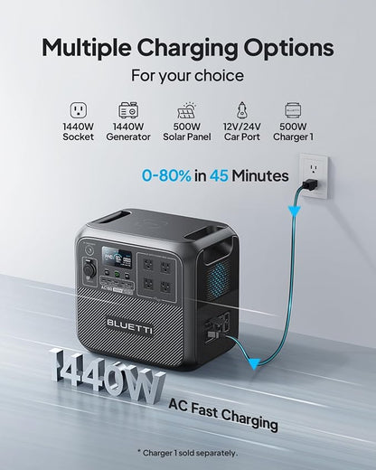 BLUETTI Portable Power Station AC180, 1152Wh LiFePO4 Battery Backup w/ 2 1800W (2700W peak) AC Outlets, 0-80% in 45Min, Solar Generator for Camping, Off-grid, Power Outage