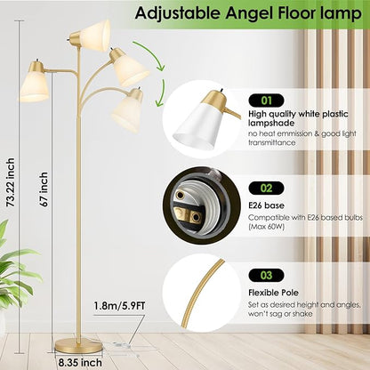 Floor Lamp for Living Room, Adjustable Standing Room Lamp with White Plastic Shade, Gold Reading Floor Lamps for Dorm, Bulb not Included
