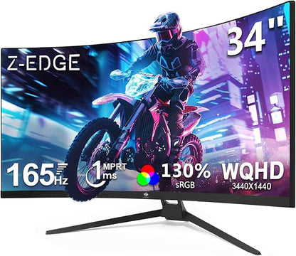 Z-Edge 34" Curved Gaming Monitor, WQHD 1440P 165Hz 144Hz PC Monitor, MPRT 1ms, 21:9 Aspect Ratio, 1500R, 16.7M Colors, 3000:1 Contrast, UG34 Frameless Bezel, 2X DP 1.4 Ports and 2X HDMI 2.0 Port