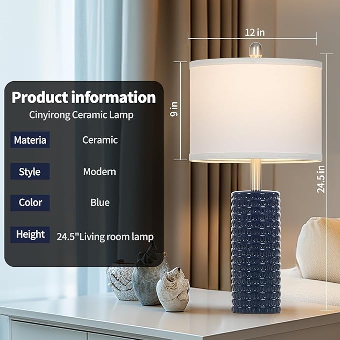 24.5" Modern Ceramic Table Lamp Set of 2 for Living Room Blue Desk Lamps for Bedroom Farmhouse Bedside Nightstand Bedside Lamp End Table Lamps Blue