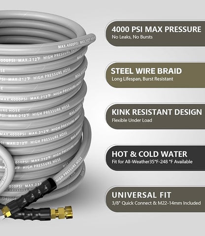 Pressure Washer Hose 50FT 4000 PSI, Kink Resistant Steel Braided Layer & NonMarking Rubber for Hot/Cold Water, High Power Washer Hose With 3/8 Inch Quick Connect & M22 Fitting, Gray