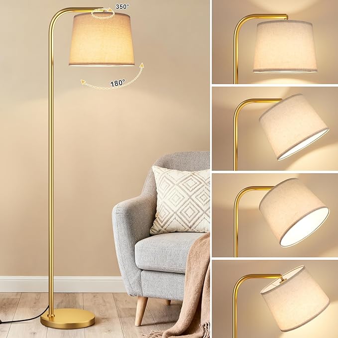 Ambimall Remote-Controlled Floor Lamp - Color Temperature Adjustable and Fully Dimmable, Standing Lamp for Living Room with Rotating Head, Tall Lamp for Bedroom, 9W Bulb Included (Gold and Beige)