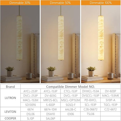 LMQNINE Natural Alabaster Pendant Lights White Marble 24" Long Tube Adjustable Boom Chandelier Modern 3000K Gold Ceiling Light for Kitchen Island Bedroom Dining Room Living Room Hallway(M-1Pack)