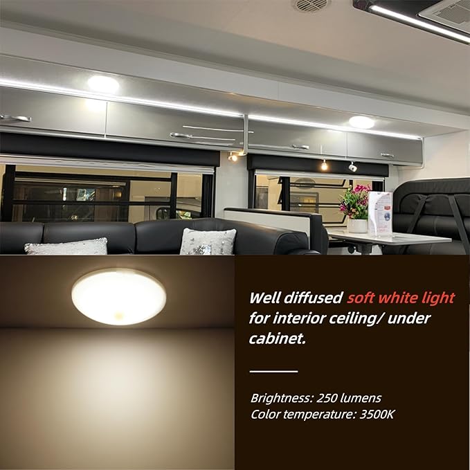 3.5inch 12 Volt RV LED Lights Interior Ceiling Light with Switch Under Cabinet Lights for RV Trailer Boat 3500K Soft White Lighting, 3.7watt 250lumens Set of 4