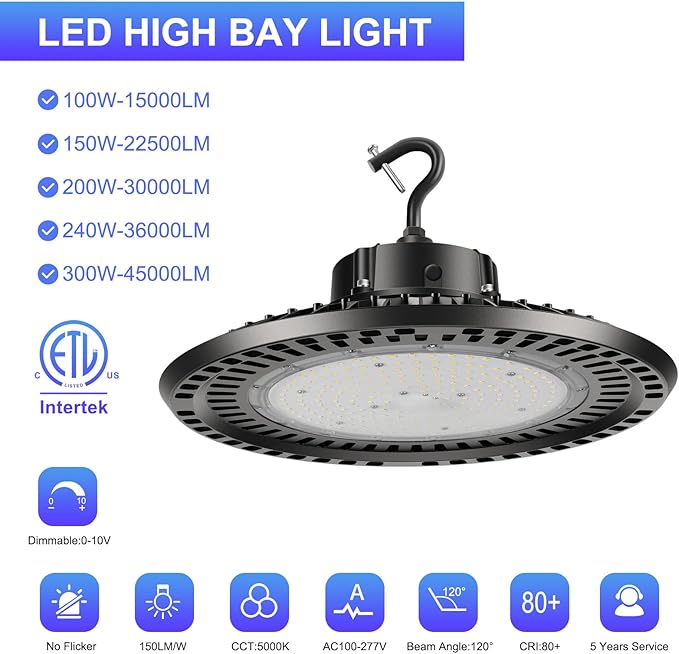 UFO LED High Bay Light 300W 4PACK 5000K High Bay LED Shop Lights 45000LM 0-10V Dimmable 1200W HID/HPS Replacement with 5' US Plug IP65 Hanging Hook UFO Lights for Shop Warehouse Garage Workshop