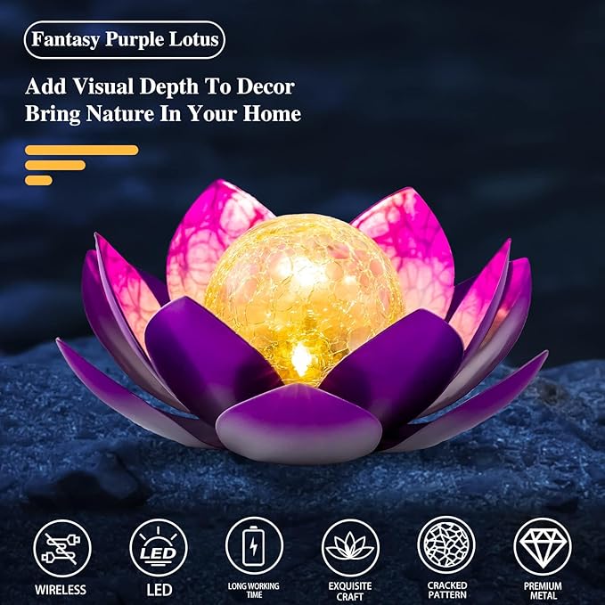 Solar Light Outdoor(2Pack), Art Crackle Globe Glass Lotus Decoration, Solar LED Waterproof Purple Metal Flower Lights for Patio,Lawn,Walkway,Tabletop