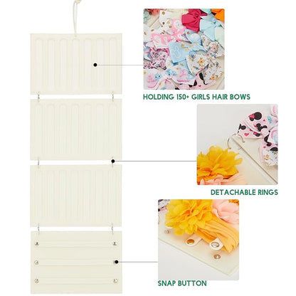 Bow Organizer for Baby Girls, Hanging Hair Bow Holder Organizer, Hair Accessories Storage for Hair Clips, Hair Bows, Headbands, Hair Claws and More(4-Panel, Beige)