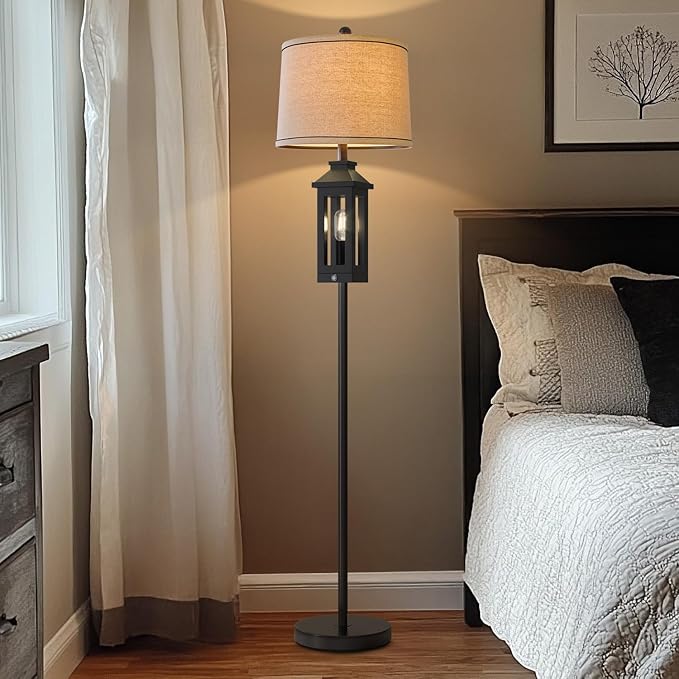 63" Floor Lamps for Living Room Bedside Nightstand Lamp All Black Tall Standing Lamp for Home Decor Bedroom Reading Lamp Farmhouse Rustic Bed Lights with 2 Light Sources (2 Bulbs)