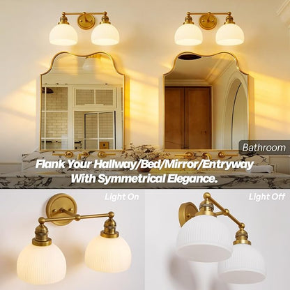 2-Light Gold Wall Sconces,Vintage Bathroom Wall Sconce Light with Milk Glass Double Arm Brass Bathroom Vanity Light for Living Room Bedroom Kitchen E26 Hardwire Indoor