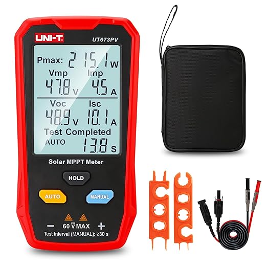 UNI-T UT673PV Solar Panel Tester, Solar MPPT Meter, 800W Photovoltaic Module Maximum Power Tester, Intelligent Manual/Auto MPPT Test, Large LCD and Multiple Result Displays