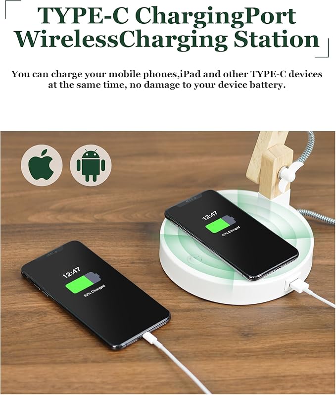 ELYONA White Desk Lamp with Wireless Charger, Solid Wood Table Lamp with USB C Charging Port, Swing Arm Reading Task Light with 5W LED Bulb for College Dorm, Office, Living Room, Bedroom, Farmhouse