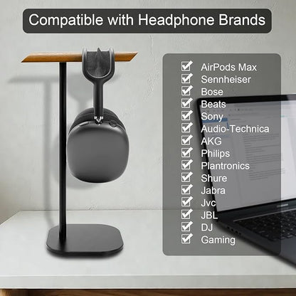 GEVO Headphone Stand for Desk, Walnut Wood & Aluminum Headset Stand, Universal Walnut Gaming Headset Holder with Solid Heavy Base for AirPod Max, Bose, Sony All Headphone Sizes (Square Base)