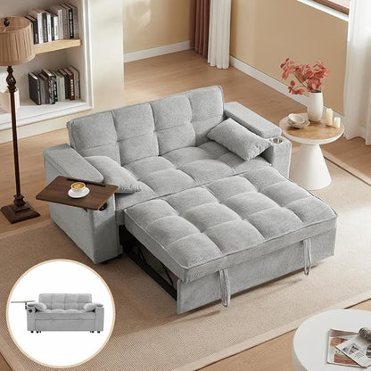 65'' Convertible Sleeper Sofa Bed with Adjustable Backrest, Chaise Lounge, Side Table & USB/Type-C Ports – Stylish & Functional Addition to Any Living Room (Fashion Light Grey)