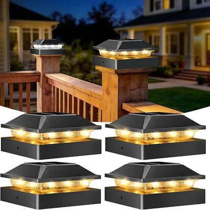 Peasur 4x4 Solar Post Cap Lights, 2 Modes 16 LED Post Solar Lights Waterproof, 4 Pack Black Fence Deck Lights Fit Wooden/Vinyl Post for Porch Patio