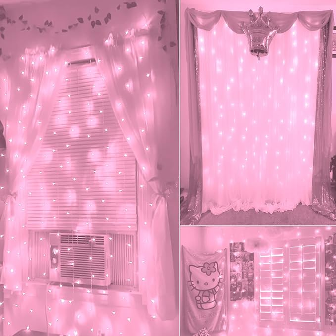 Curtain Lights, Pink Room Decor 8 Modes LED String Lights for Garden, Teen Girls' Room, Party, Window, Wall and Valentines Day Decor