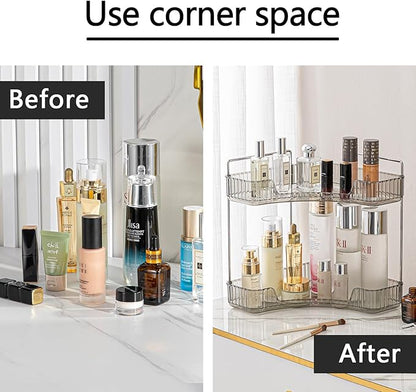 shuang qing 2-Tier Corner Bathroom Counter Organizer – Classic Storage Shelf for Makeup, Perfume & Toiletries, Space-Saving Countertop Tray Fits Bathroom, Dresser, Kitchen (Slate Gray)