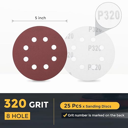 HARFINGTON 25 Pcs 5 Inch Sanding Discs, 320 Grit Hook and Loop Sandpaper, 8-Hole Aluminum Oxide Orbital Sander Sandpaper for Woodworking Automotive Metal Polishing, Red