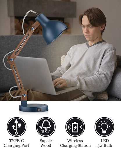 ELYONA Sapele Wood Desk Lamp with Upgraded Wireless Charger, Swing Arm Table Lamp with USB C Charging Port, Reading Task Light for Bedroom, Dorm, Office, Living Room, LED Bulb Include, Modern Blue
