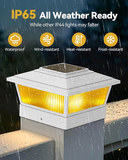 KEILAIMO Solar Post Cap Lights Outdoor for 4x4 5x5 6x6 Wood/Vinyl Posts, 6 Pack Fence Post Solar Lights with Flickering Flame & Warm Modes for Deck/Garden/Patio, IP65 Waterproof - White