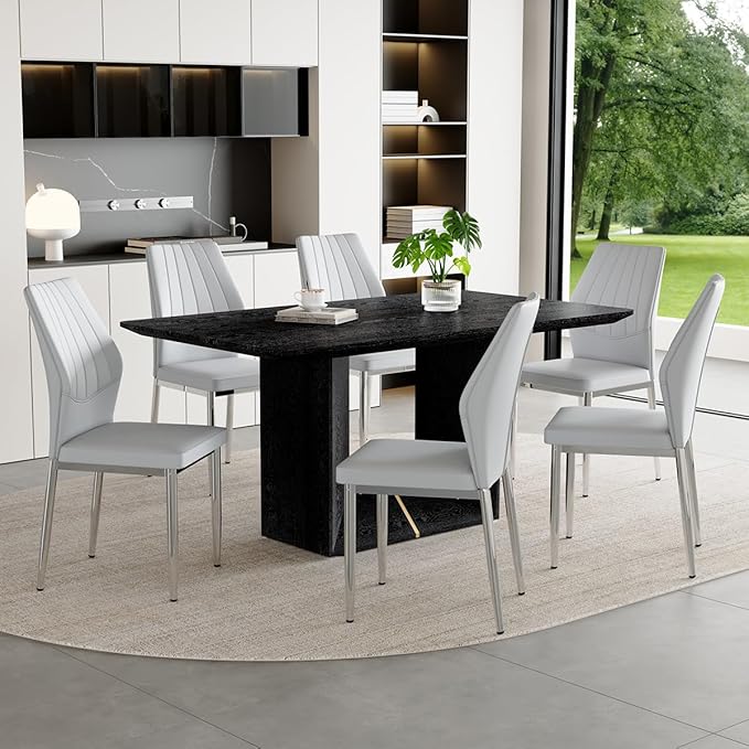 63" Modern Black Dining Table Set for 6 with Chairs, 7 Piece Rectangular Dining Room Table and 6 PU Leather Chairs, Kitchen Dining Set with Matte Wood Finish, Geometric Base, Easy Assembly