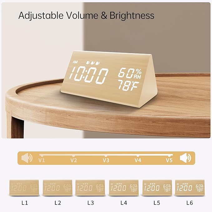 JALL Digital Alarm Clock, with Wooden Electronic LED Time Display, 3 Alarm Settings, Humidity & Temperature Detect, Wood Made Electric Clocks for Bedroom, Bedside (Yellow)