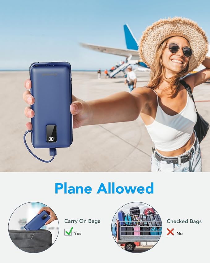charmast Portable Charger with Built-in Cables and Plug, 10000mAh USB C Power Bank Fast Charging, External Battery Pack Slim, Travel Essentials Compatible with iPhones, Samsung Galaxy, iPad