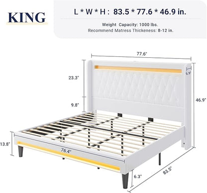 Allewie Upholstered King Size Platform Bed Frame with LED Light and Charging Station, Button Tufted High Headboard, Wingback Design, Noise Free, Easy Assembly, No Box Spring Needed, White
