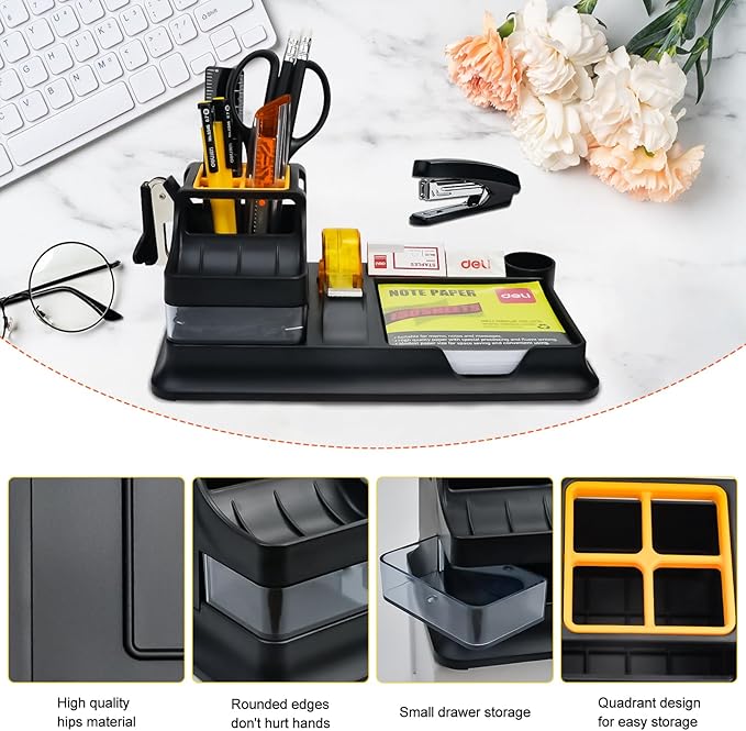 deli Black Office Supplies for Desk, 17Pcs Desk Organizers and Accessories with 4 Pens,Tape Dispenser,Stapler,Staples,Staple Remover,Pen Holder,Scissor,Ruler,Eraser,Note Pad,Cutter,Clips Set