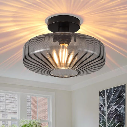 Semi Flush Mount Ceiling Light, 11.8 Inch Smoke Grey Glass Ceiling Light Fixture, Farmhouse Hallway Lighting Fixtures for Kitchen, Foyer, Bedroom, Bathroom, Dining room, E26 Base (Bulb Not Included)