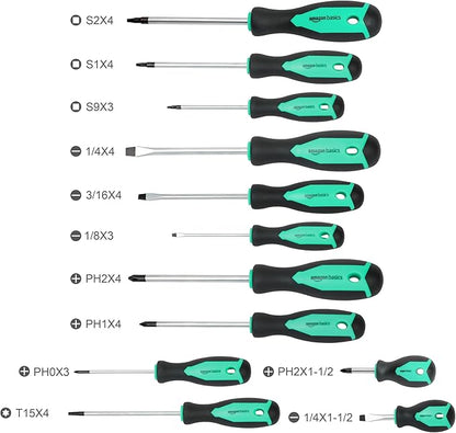 Amazon Basics Magnetic Screwdrivers Set, Includes Phillips, Slotted, Torx, Square, and Stubby Screwdrivers, 12-Piece Hand Tools Set, Turquoise