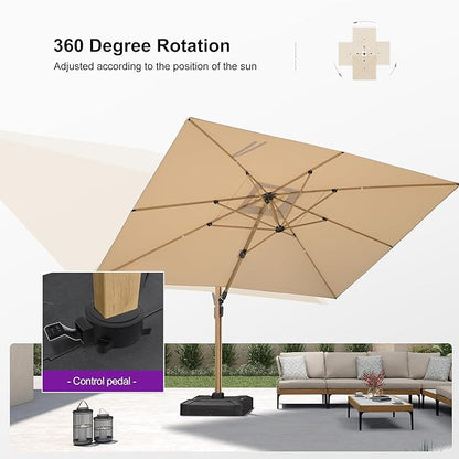 PURPLE LEAF 10' x 13' Rectangle Patio Cantilever Umbrella With Furniture Sofa Sets Large Hanging Umbrella Teak Finished Aluminum Frame Windproof Offset Outdoor Sun Umbrellas for Beach Pool Deck, Beige