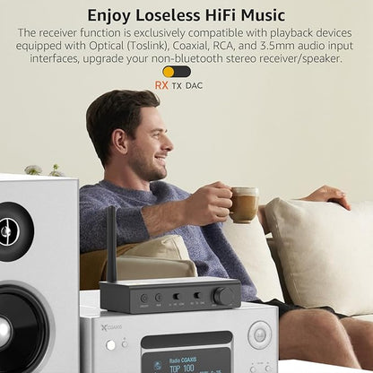 1Mii DS700 HiFi Bluetooth Audio Transmitter Receiver for TV, Long Range Wireless Adapter with Audiophile DAC, LDAC/aptX HD/aptX LL, OLED Display, Optical & Coaxial Input/Output, RCA Output Only