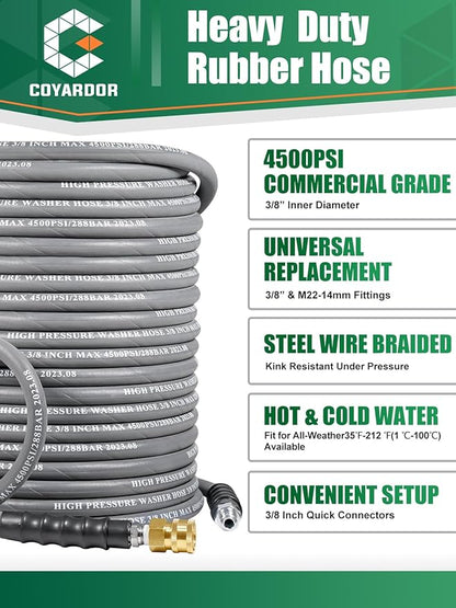 3/8" Pressure Washer Hose 150 FT 4500 PSI, Steel Braided Layer & NonMarking Rubber for Hot/Cold Water High Power Washer Replacement With 3/8 Inch Quick Connect & M22 Fitting, Industrial-grade