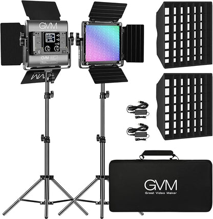 GVM 850D RGB LED Video Lights with 2 Softboxes Stand, 360 ° Full Color Video Lighting Panel with App Control,2 Packs Photography Lighting Kit 40W CRI 97+ for Web Conference, YouTube, Studio, Zoom
